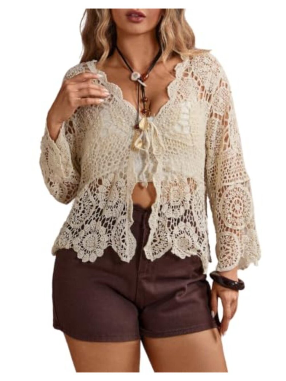 Plus Size Boho Lace Crochet Cardigan Tie Front Sheer Summer Coverup